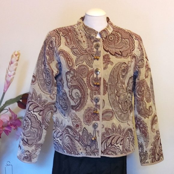 Preowned Zoe Cream Burgundy Floral Print Women's Spring Fall Winter Jacket Size - Picture 4 of 7